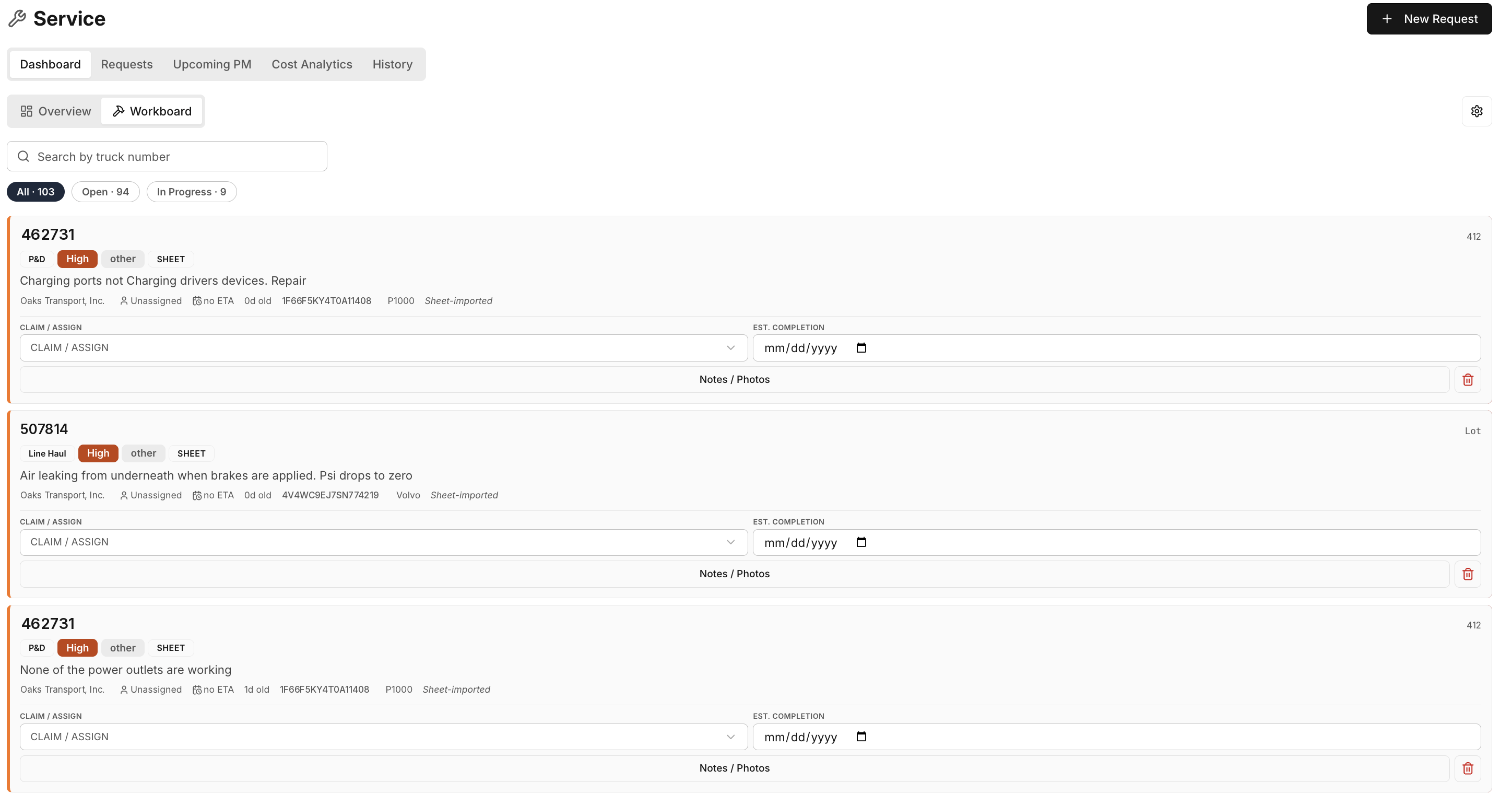 Logik fleet service workboard showing open requests, vehicle priorities, assignments, completion dates, and maintenance notes.